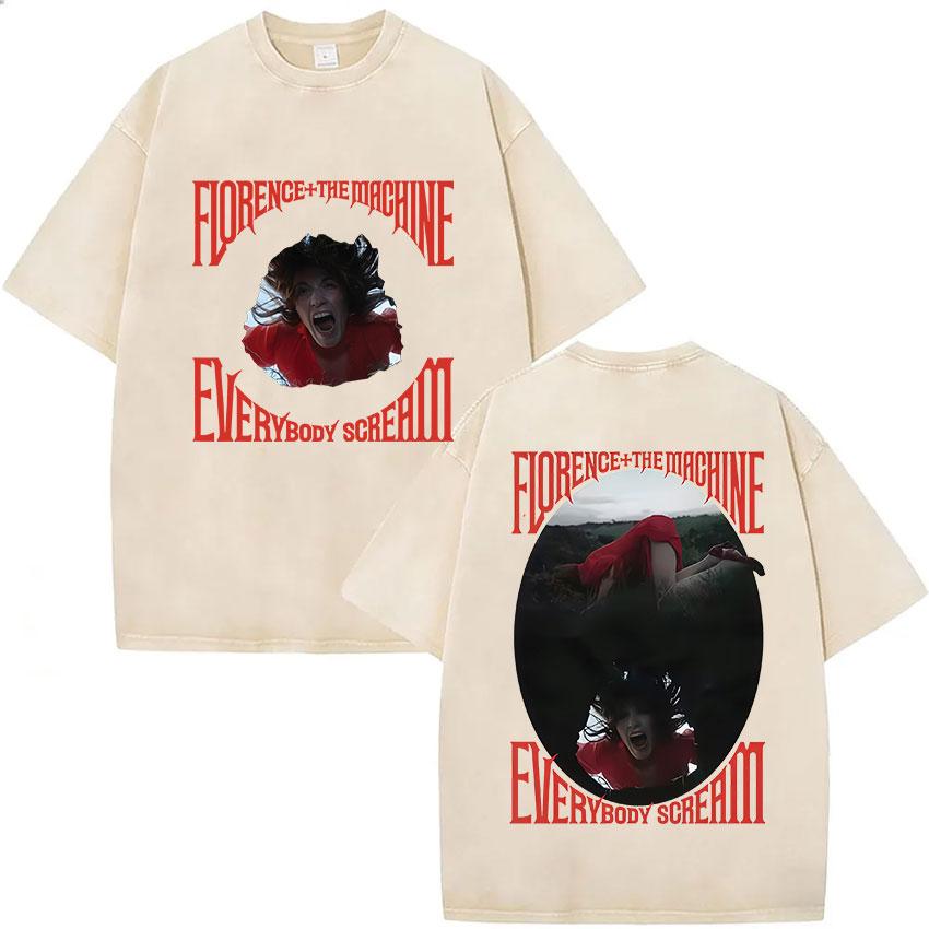 Vintage Washed Florence The Machine Everybody Scream Tour T Shirts Men's Women Gothic Hip Hop Punk Short Sleeve T-shirt