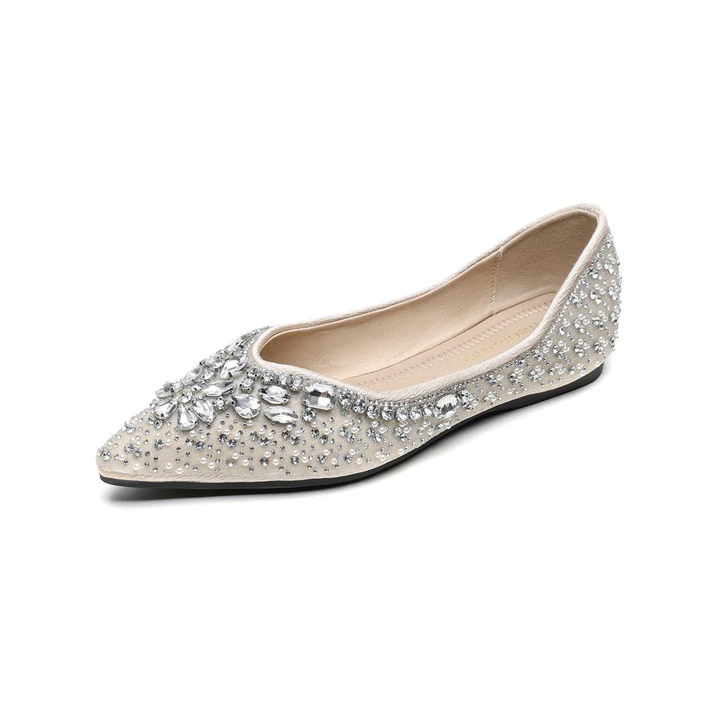 Weiwei Girl 5933-21 Square Head Flat-soled Single Shoes Women's Skirt Rhinestone Wedding Shoes Soft Soles Not Tired Feet Doudou Shoes