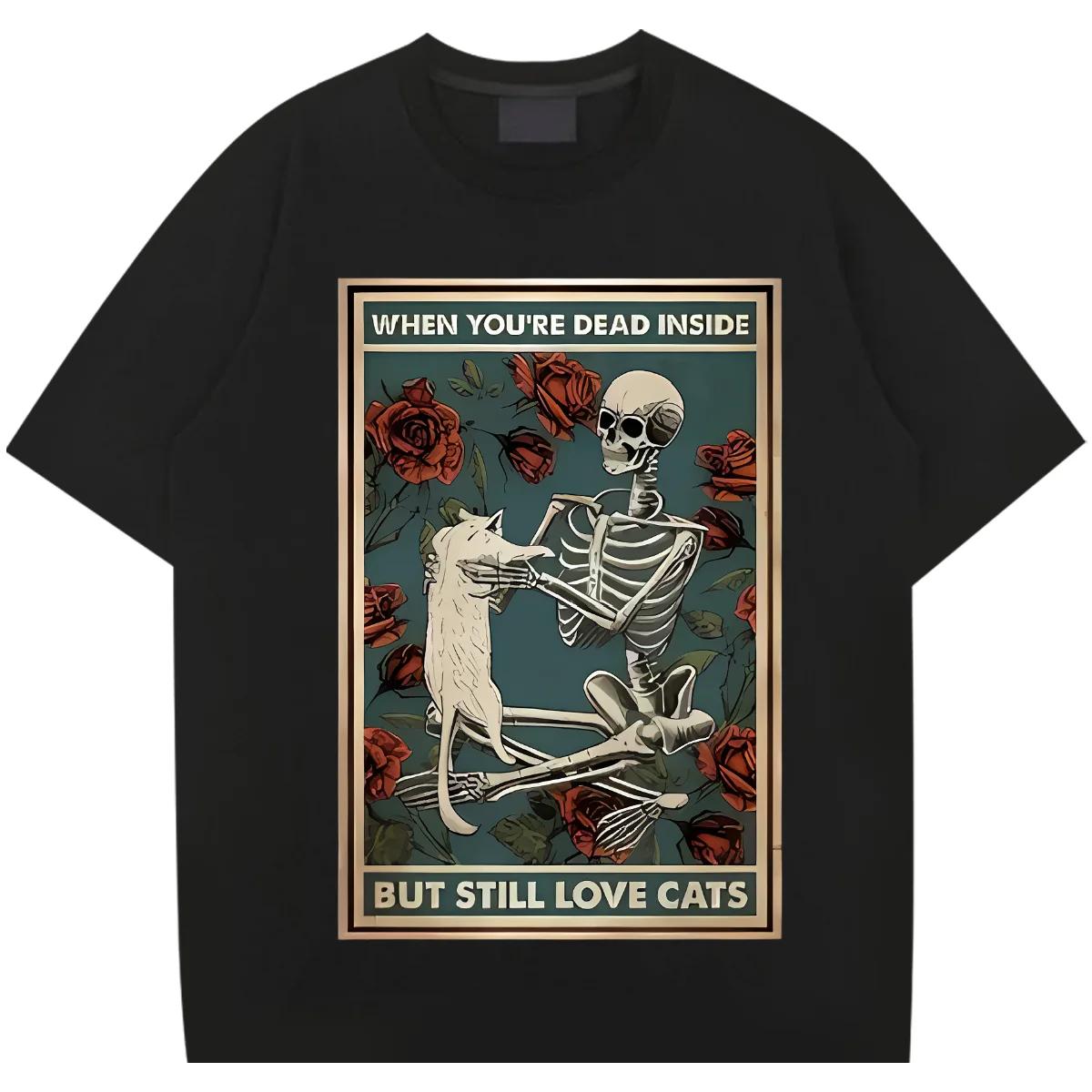 

Футболка с изображением черепа и белой кошки, свободные футболки из молочного волокна в стиле рэп для мужчин, свободная футболка, модная одежда XXXXXL