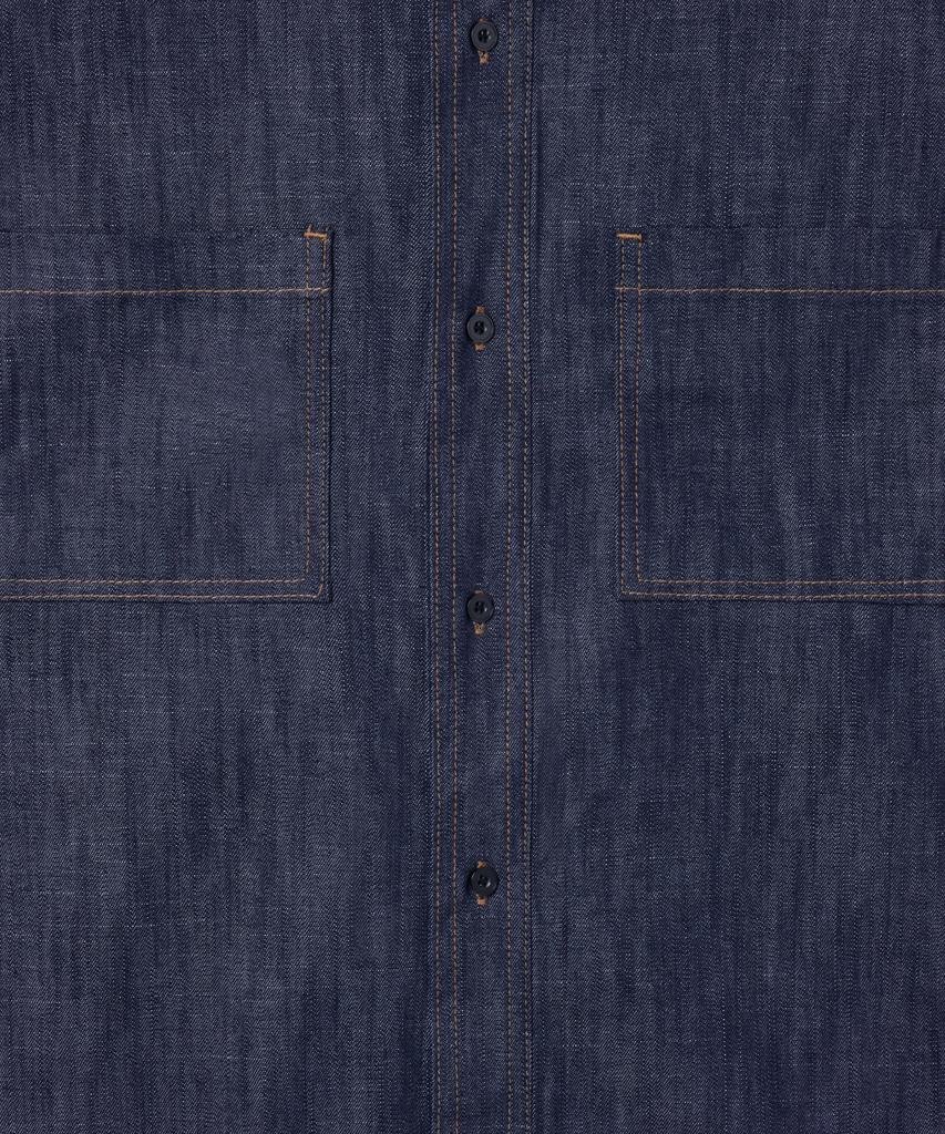 LAUGHER [Summer][Non-Fade] Two-Pocket Denim Work Shirt Short Sleeve - Deep Blue
