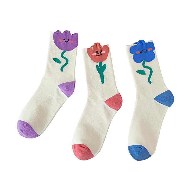 Female Spring and Autumn Lovely Cartoon Stereo Flower Tulip Academy Wind Tube Socks