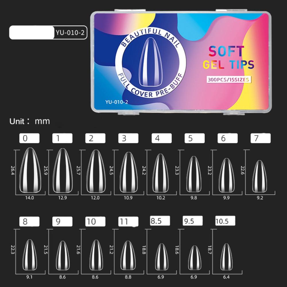 300pcs Short Almond Shape Soft Gel Nail Tips Semi Frosted Clear Full Cover Nail Tips Seamless 15 Sizes False Nail Tips Nail Art