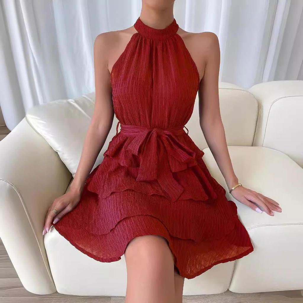 Europäisches & Amerikanisches Damen Sommer 2026 Schnürung Neckholder Patchwork Ärmellos Rüschenkleid