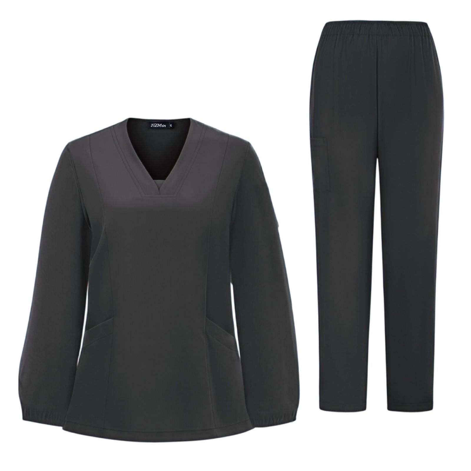 

Женский комплект из быстросохнущей ткани, однотонный, с V-образным вырезом, карманом, длинным рукавом и брюками, рабочая одежда M чёрный