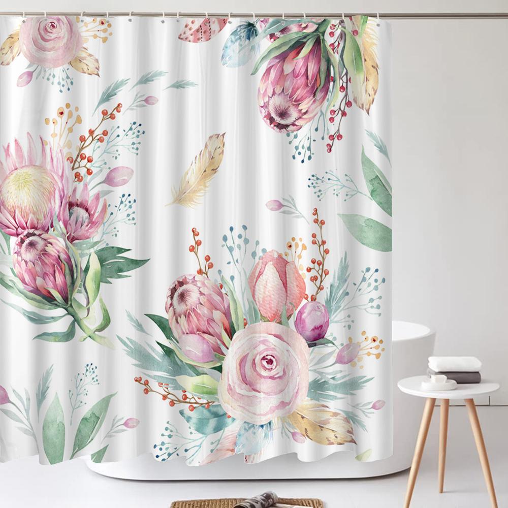 Green Leaves Plant Flower Butterfly Shower Curtain Watercolor Floral Waterproof Fabric Bath Curtains Bathroom Accessorie Decor
