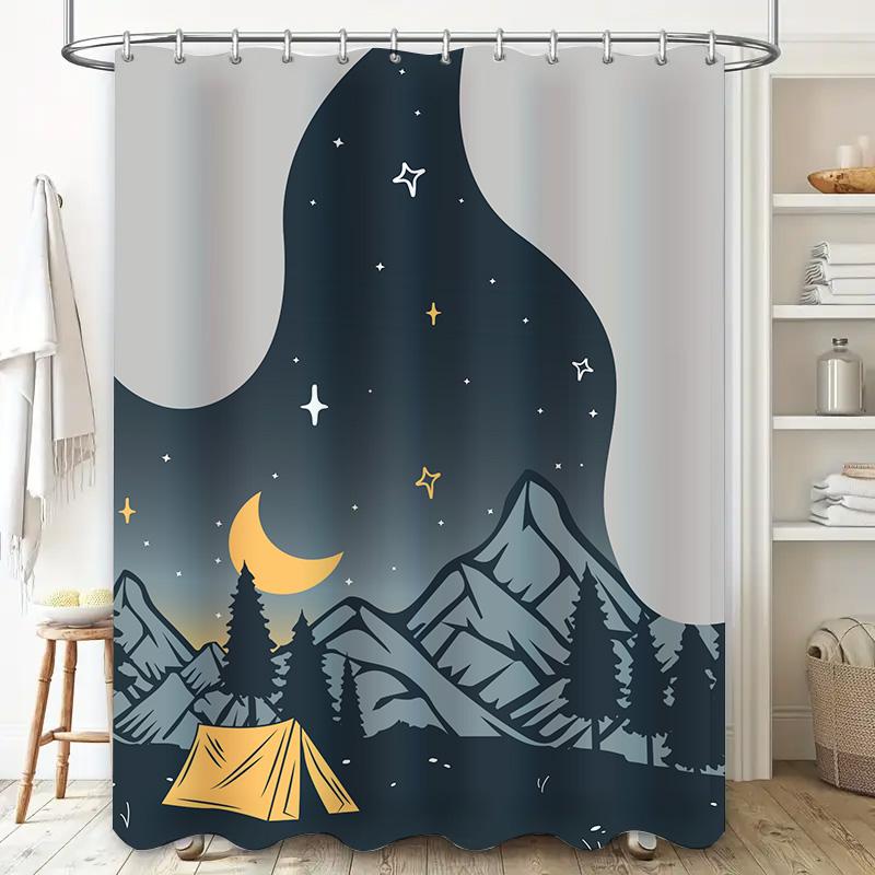 Outdoor Camping Shower Curtain Moon Stars Forest Tents Print Bath Decor Waterproof Fabric Decoration