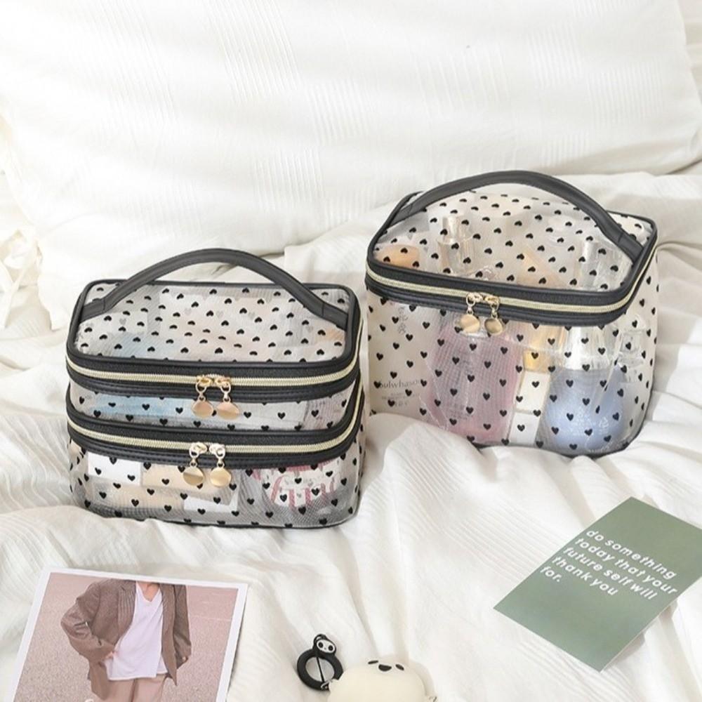 New Black Mesh Cosmetic Bag Large-Capacity Double-layers Makeup Case Zipper Portable Organizer Storage Pouch