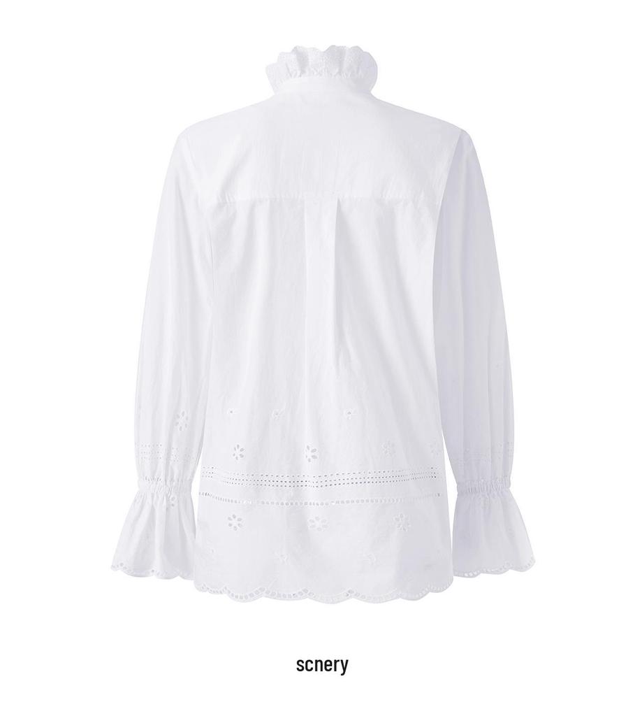 100% Cotton Romantic Lace Floral Stand Collar Embroidered Hollow Out Shirt Top
