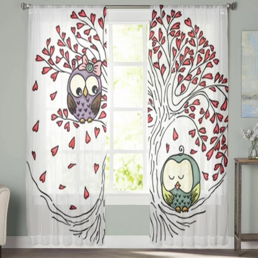 Pár sov na stromě Průsvitné závěsy do obývacího pokoje Dětská ložnice Tylové závěsy Kuchyňské závěsy na okna