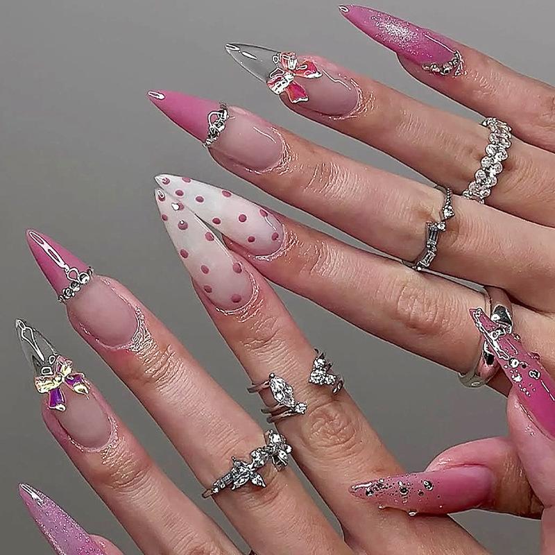 24 Pièces Vert Oeil de Chat Dégradé Longs Stiletto Press On Nails Avec Fleurs 3D Couverture Complète Faux Ongles
