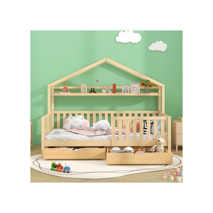 Łóżko dziecięce - MUVOE - 90x200 cm - Lite drewno - Szuflady do przechowywania - Styl skandynawski