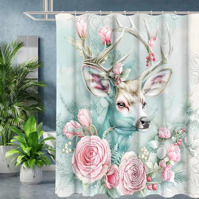 Reindeer Floral Pattern Bathing Curtain Bathroom Shower Curtain Waterproof With 12 Hooks Home Deco