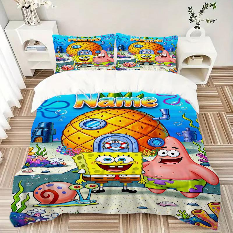 Custom Name Spongebob Patrick Ocean Fun Print 3Pcs Bedding Set Duvet Cover With 2 Bedro Pillowcase Home Birthday Gift