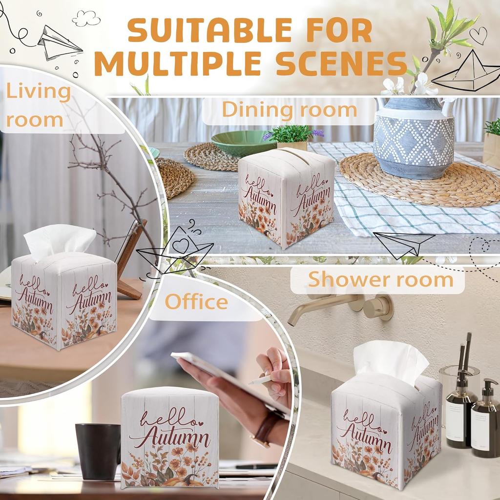 Floral Tissue Box Holder, Fall Florals Leather Tissue Box Cover Square, Autumn Facial Paper Organizer Dispenser Toilet Paper Holder for Bathroom