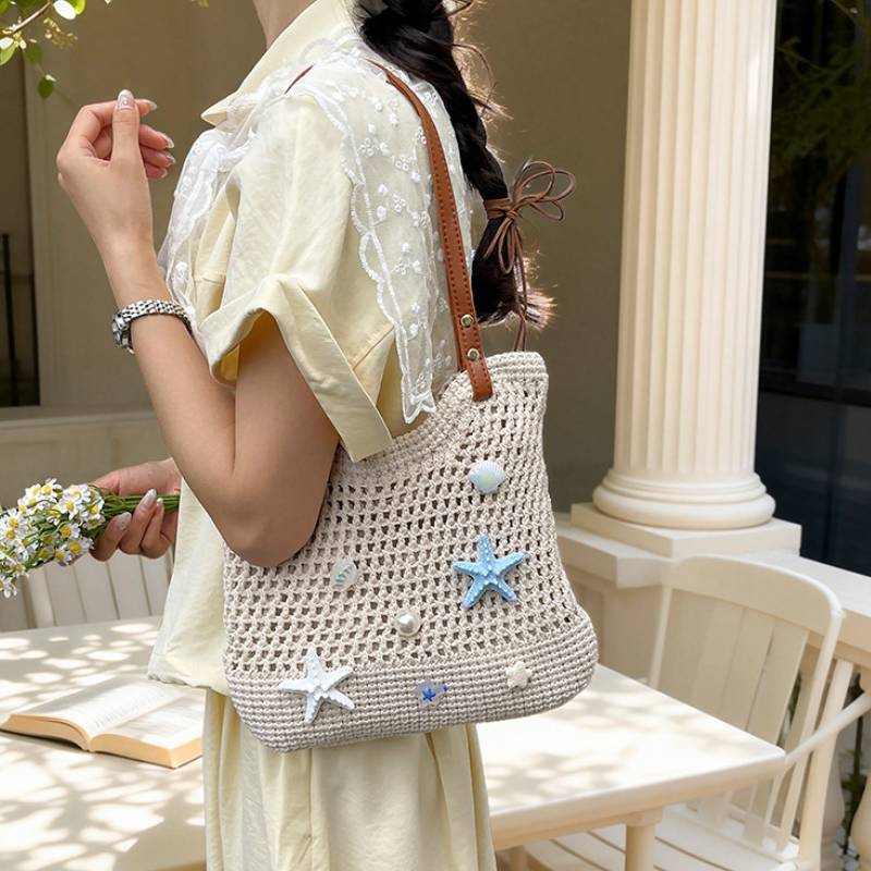 Handwoven Straw Tote Bag With Starfish And Shell Decor For Beach Summer Travel Womens Fashion