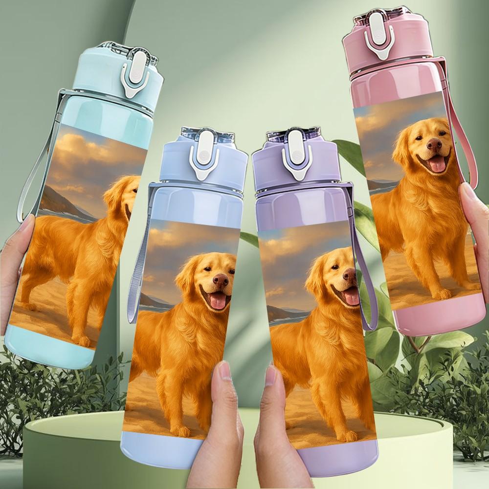 1PC Golden Retriever Beach Scene Print 750ml Color Plastic Sports Water Bottle Leakproof Flip Straw Lid Suitable for Sports Office Home Use