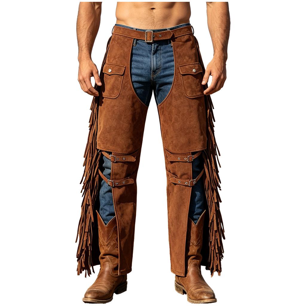 Pánské nastavitelné v pase Faux Suede Chaps Kalhoty Bojí Třásně Rozdělené Široké Nohy s Popruhy pro Jízdu na Koních Divadlo Cosplay