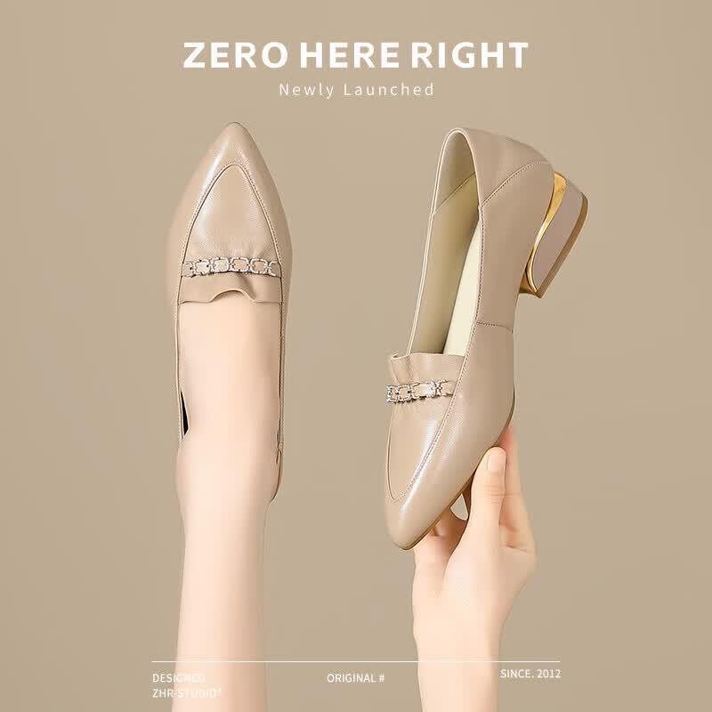 ZHR Women s Sheepskin Rhinestone Pointed Toe Block Heel Loafers 37