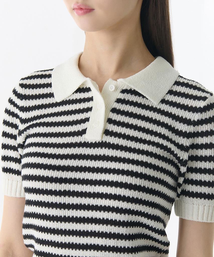 MUSINSA STANDARD WOMAN Women'S Striped Knitted Polo Shirt [Ivory/Black]