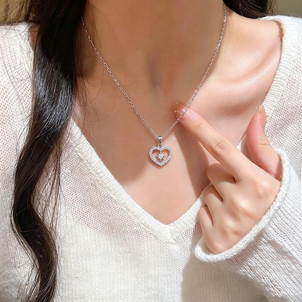 Korean Minimalist Heart Pendant & Eight-Pointed Star Clavicle Necklace for Women