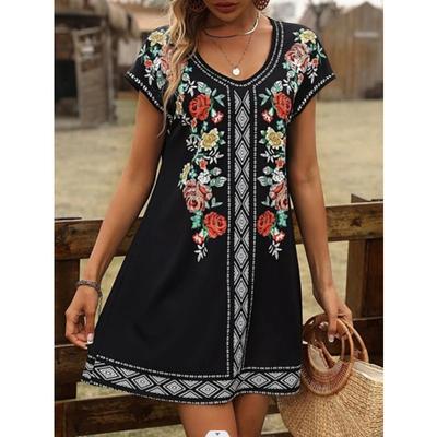 Damenmode Sommer Frühling Blumenmuster Druck Kurzarm V-Ausschnitt Lose Taille Freizeitkleider