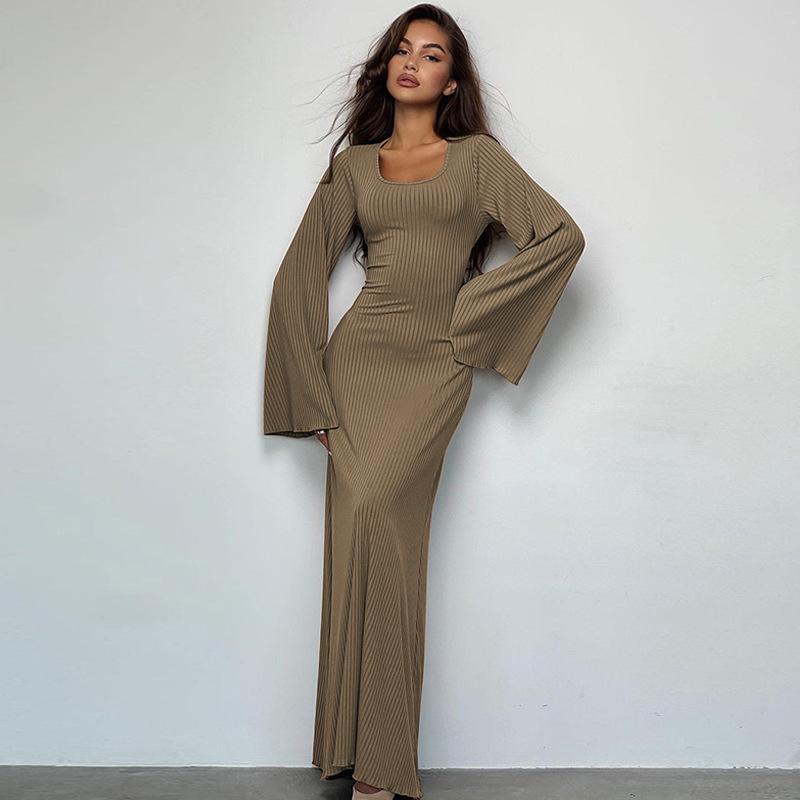 Women's Autumn Loose U Neck Back Tie Long Sleeve Dresses