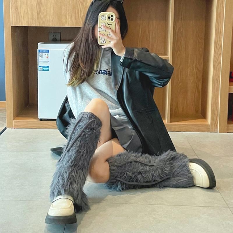 Womens Y2K Girls Winter Furry Leg Warmer wtih Drawstring Harajuku Letter Label Furry Plush Flared Boot Cover Long Socks