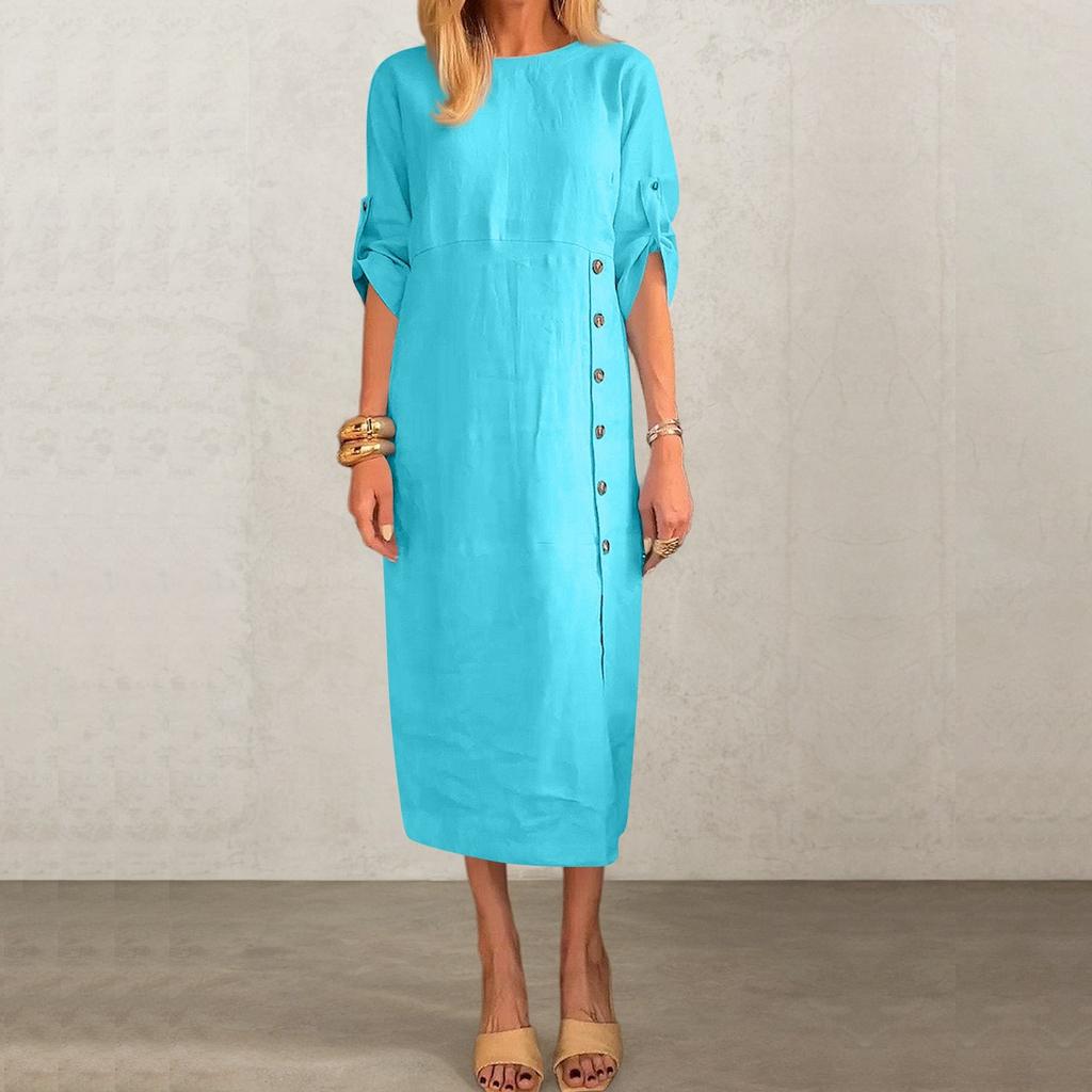 Ladies' Casual And Fashionable Solid Color Round Neck Short Sleeved Button Slit Mid Length Dress
