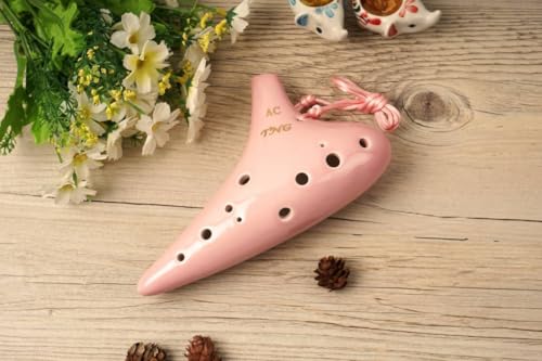 TNG Ocarina, Single [12-Hole / Alto / Pink], Premium C Key (AC) with Fingering Chart, Glazed Finish, for Wind Instruments