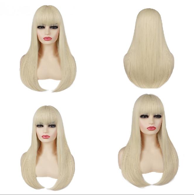Synthetisches Haar Blonde Perücken mit Pony Lange Seidige Glatte Perücke für Frauen Cosplay Perücke Party Hitzebeständig Alltagskostüm