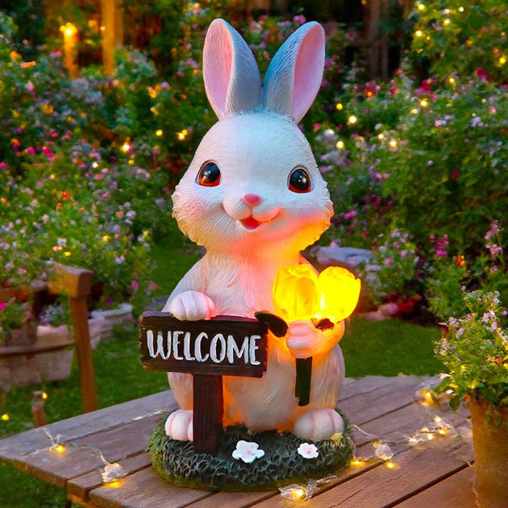 Solar Garden Outdoor Bunnies Statue with LED Light Bunnies Figurines Decors for Patios,Yard Lawn Ornament Gardening Gift
