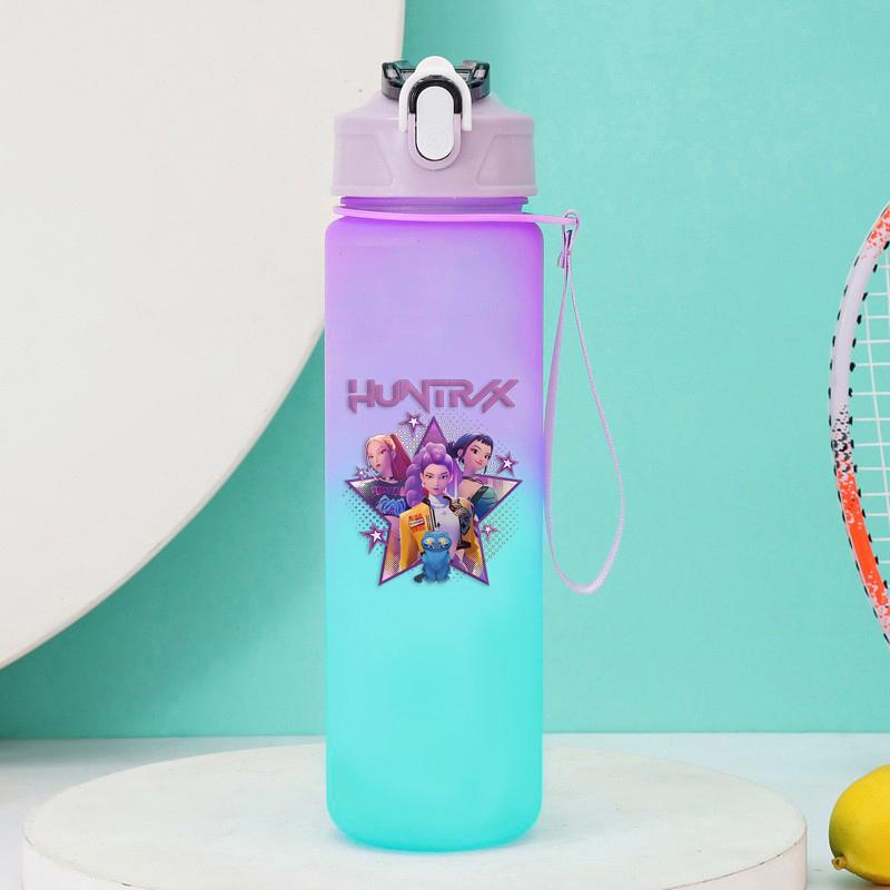 750ml KPop Demon Hunters Gradient Water Bottles High-capacity Drinking Straw Cup Portable Girl Office School Outdoor Bottles
