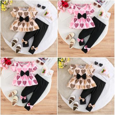 Neues Sommer-Baby-Mädchen Herz Leopardenmuster Schleife Weitbeinige Hose Colorblock Koreanischer Stil Modisches Urlaubs-Outfit-Set
