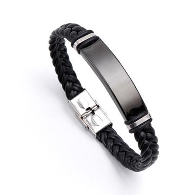 2022 Trendy Men Leatherwear Weave Bracelet Leisure Color Contrast Stainless Steel ID Bar Customize Engraving