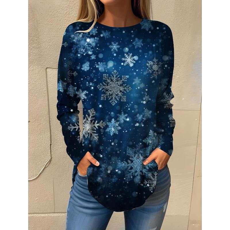 Camiseta de manga larga con cuello redondo y estampado 3D de copos de nieve con temática navideña, ropa de moda para mujer, ropa informal Y2K, ropa Harajuku para mujer