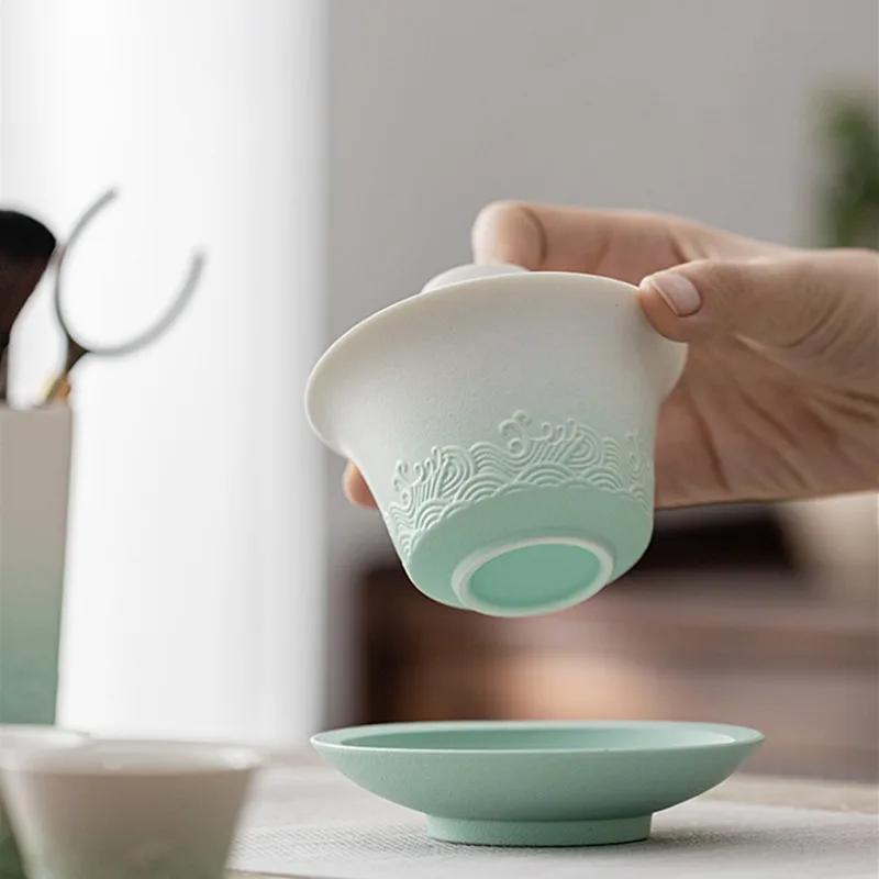 150ml Traditionelle Chinesische Keramik Gaiwan Teetasse Handgefertigt Meereswellen Teeschale Haushalt Schönheits Tee-Infuser Reise Tragbares Teegeschirr