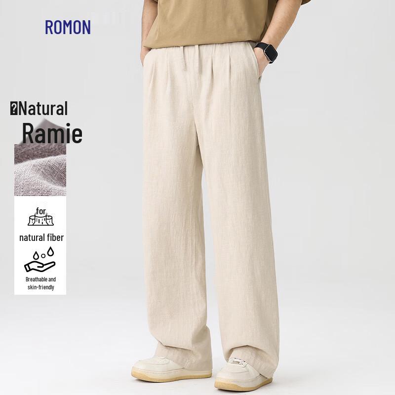 ROMON Unisex Cotton Linen Ramie Blend Loose Straight Leg Pants