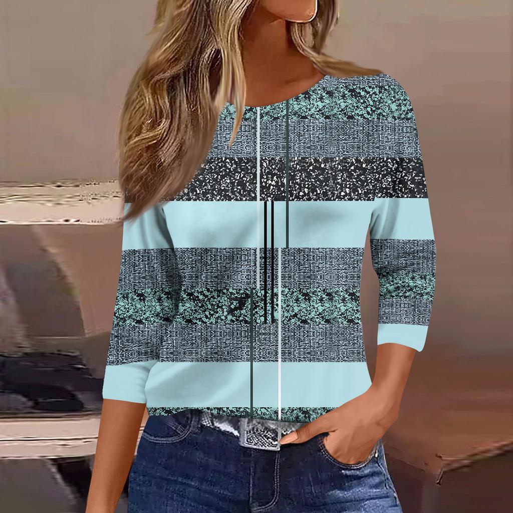 Women's Fashionable Casual Round Neck T-Shirt With Striped Patchwork Print And Three-Quarter Sleeves