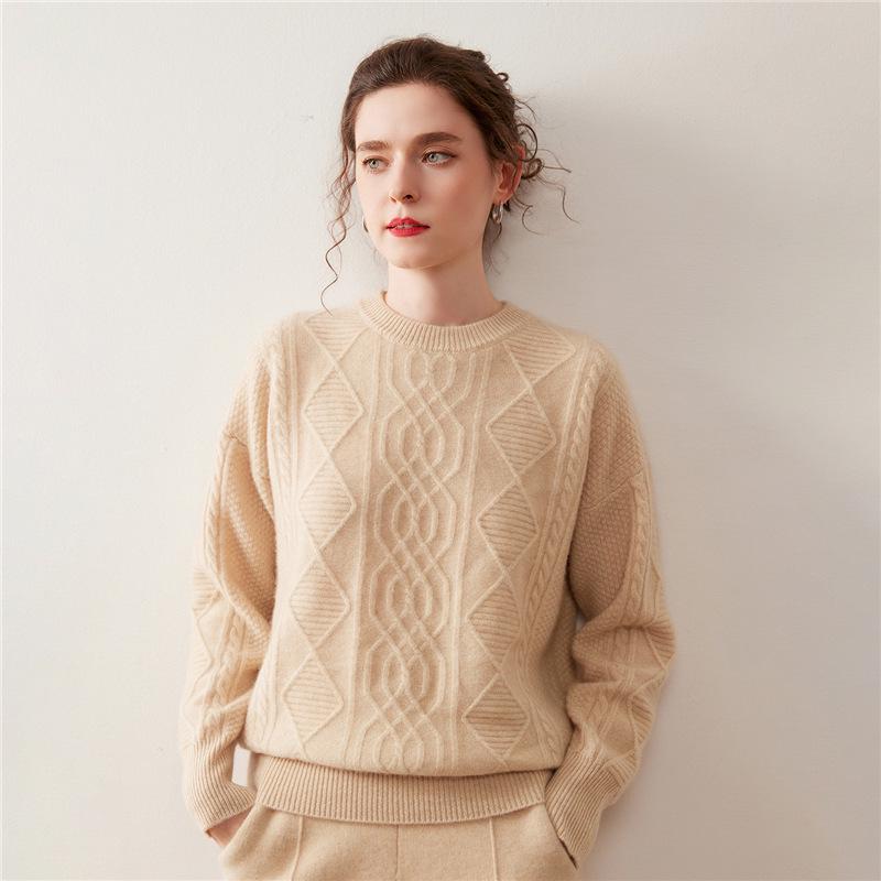 Efterår/Vinter 3D Diamant Flettet Cashmere Sweater - Dame Rund Hals, Langærmet, Ensfarvet, Varm & Komfortabel