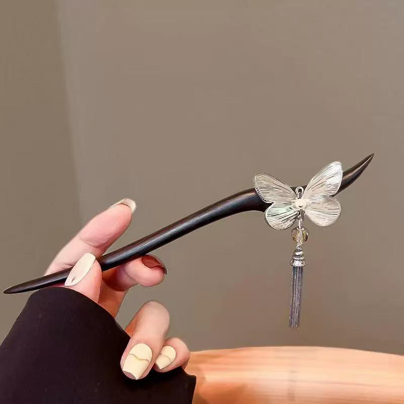 Elegant Silver Butterfly Tassel Hairpin - Modern Minimalist Design