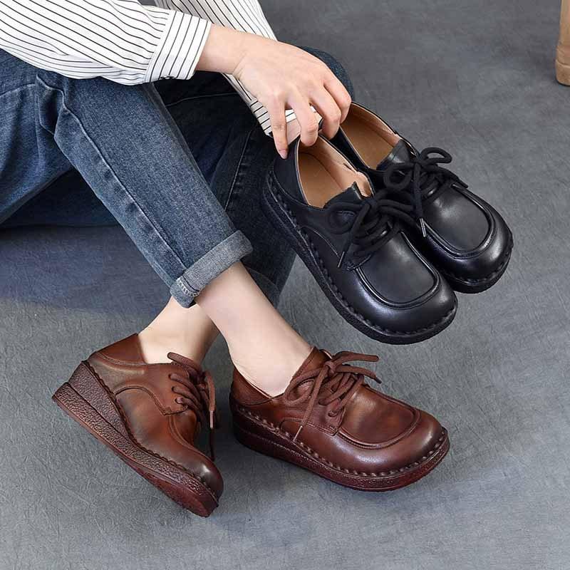 Johnature Genuine Leather Wedges Shoes Versatile Comfortable Soft Soled Lace-up Four Seasons Shoes