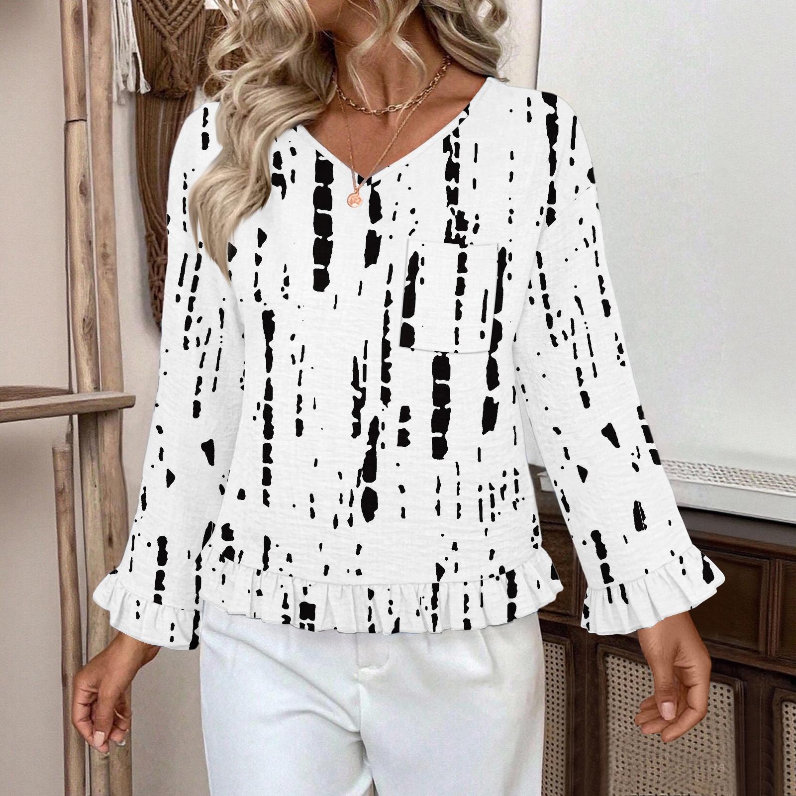 

Женский повседневный модный топ с оборками, V-образным вырезом, принтом и длинными рукавами XL белый