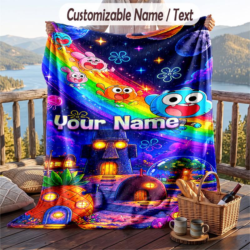 Amazing World of Gumball Flannel Blanket, Personalized Custom Name Text, Soft Warm Plush Throw Blanket For Gift