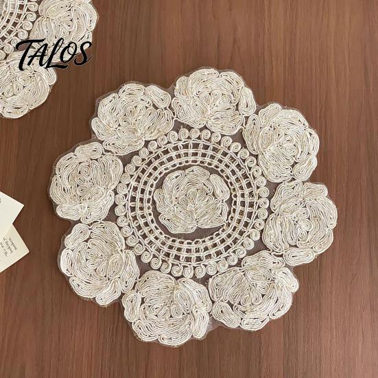 Round Lace Doilies for Dressers Rose Placemat, Embroidered Coaster Place Mat, Retro Vintage Floral Table Mats Doily Tea Cup Vase Dining Decoration