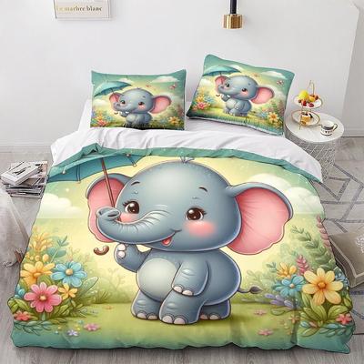 Kawaii Elephant Duvet Cover Set Cute Animals Quilt Cover Twin Queen Soft Microfiber Cartoon Bedding Set for Boys Girls Room Dorm