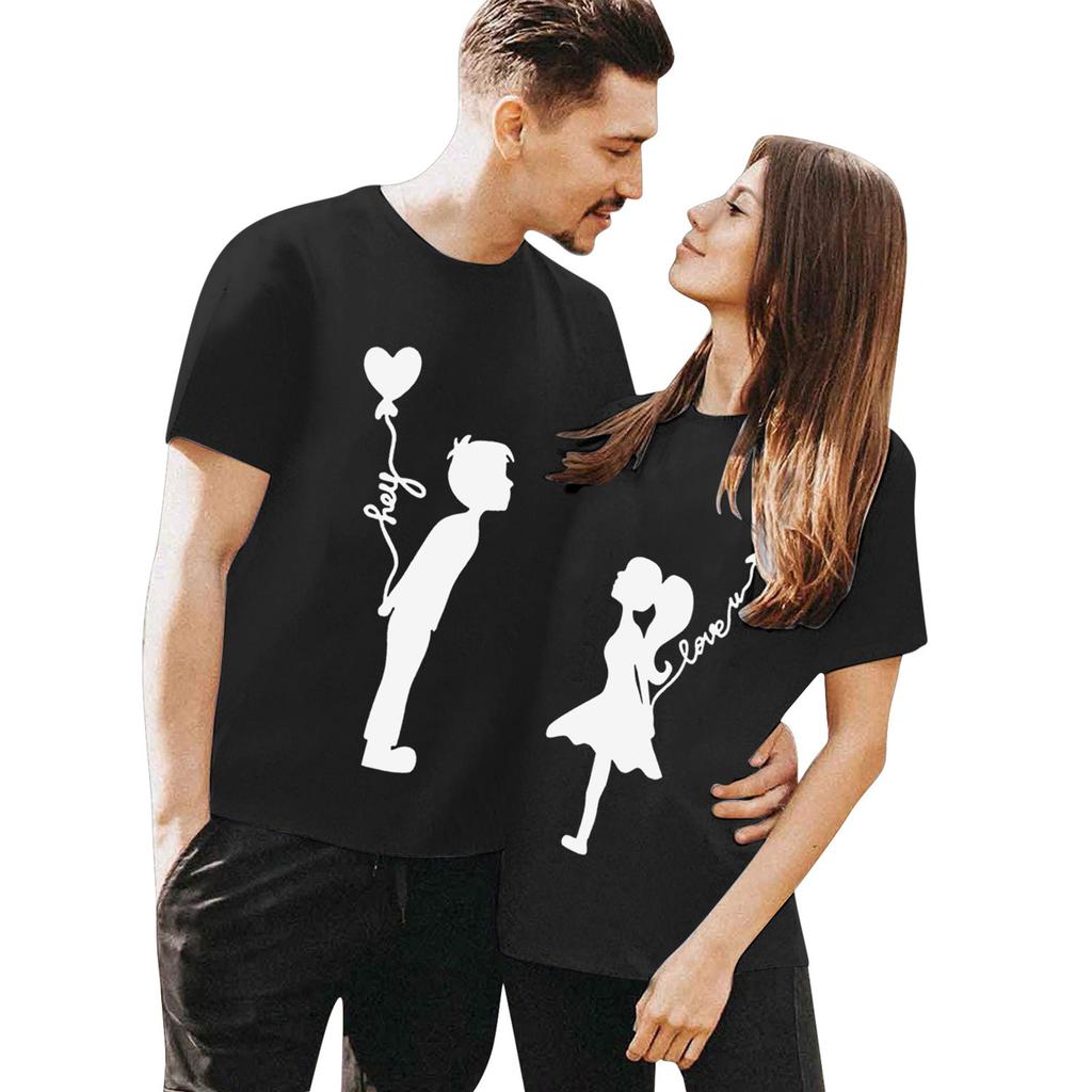 Polyester 100% Valentijnsdag T-shirts voor Koppels, Korte Mouwen, Veelzijdig, Ronde Hals, Leuke Gedrukte Designs voor Zowel Mannen Vrouwen