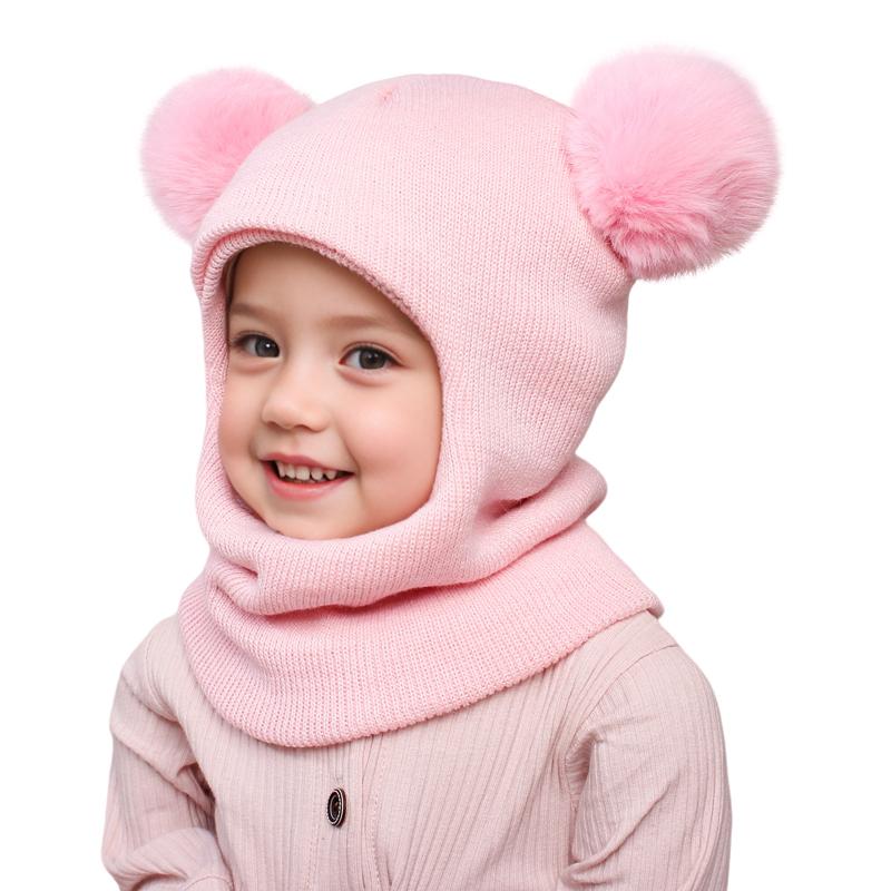 Bommel Baby Wintermütze Schal Einteiler Kinder Strickmütze Warme Ohren Hals Kinder Motorhaube Säuglingsmütze für Mädchen Jungen 1-5 Jahre