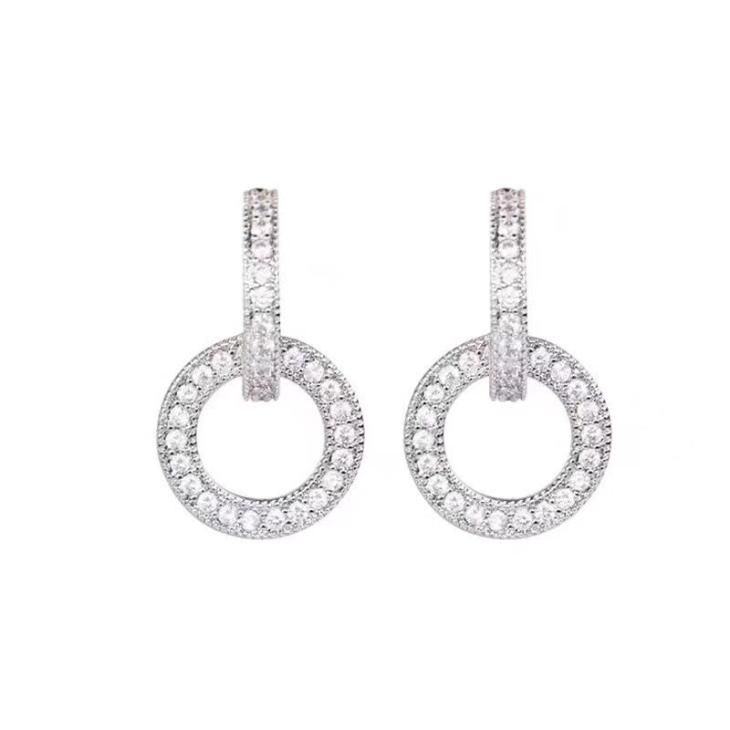Korean Style Zirconia Circle Dangle Earrings: Light Luxury Double Ring Studs for Women