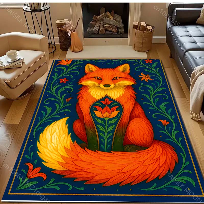 Retro Fox and Flowers Print Carpet for Bedroom Living Room Bedside Sofa Floor Mat Modern Home Decor Area Rug for Gifts