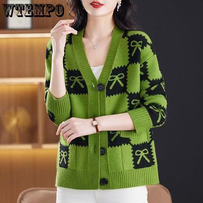 Mom Cardigan Sweater Spring and Autumn Plus Size New Loose Cardigan Knitted Sweater Color Blocked Sweater